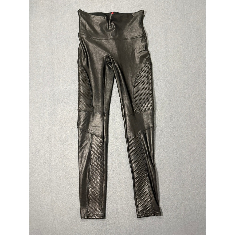 Spanx Faux Leather Moto Leggings Black High Waisted Medium Ribbed Quilted Edgy